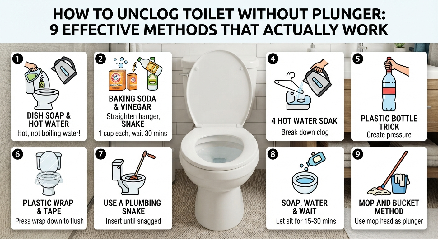 How to Unclog Toilet Without Plunger: Clogged toilet being cleared using safe household methods without a plunger, preventing overflow and restoring proper flushing.