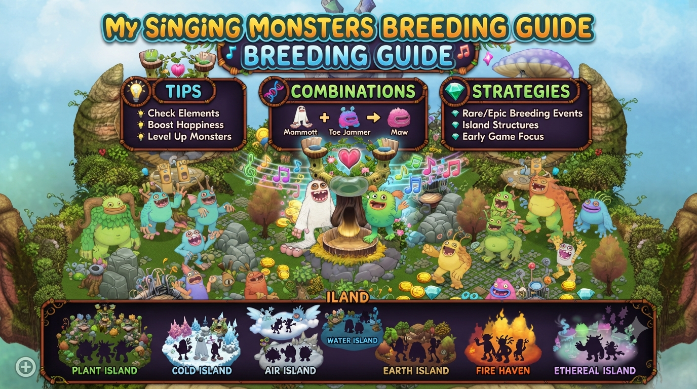 My Singing Monsters Breeding Guide: Colorful monster breeding structure displaying breeding combinations, rare monsters, and island progression strategies.