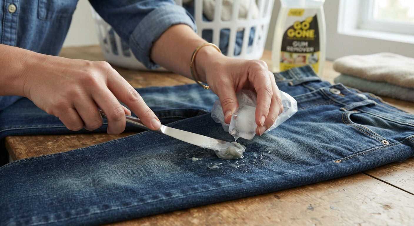 How to Get Gum Out of Clothes: Person removing chewing gum from fabric using safe stain-removal techniques that protect clothing fibers.