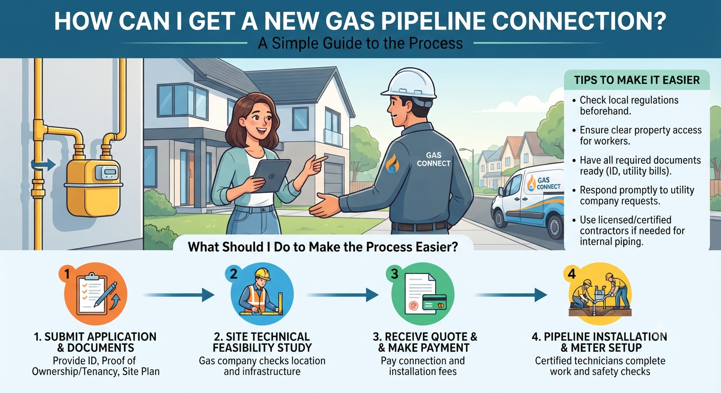 How Can I Get a New Gas Pipeline Connection? What Should I Do to Make the Process Easier? Homeowner applying for a new natural gas pipeline connection with utility documents and installation planning.
