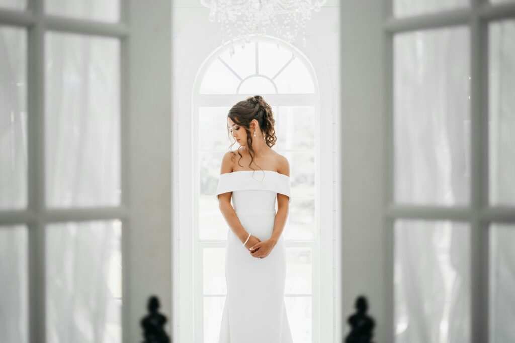 Fit and Flare Wedding Dress: Beautiful bridal gown with a fitted silhouette that flares gracefully below the hips, creating an elegant and balanced wedding look.